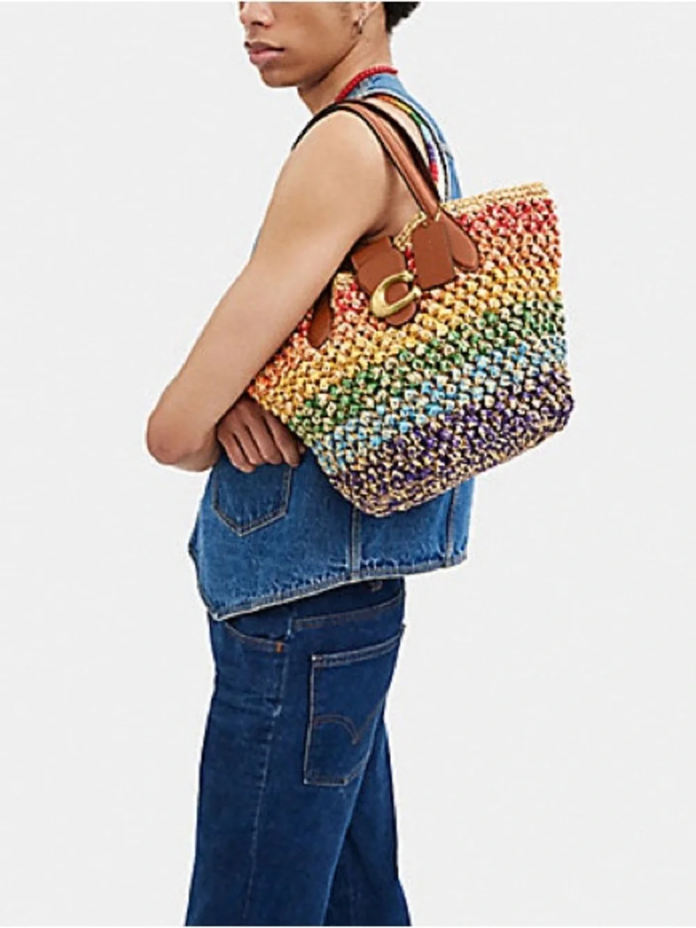 Coach Tabby Rainbow Stripe Straw Small Tote Shoulder Bag CJ641